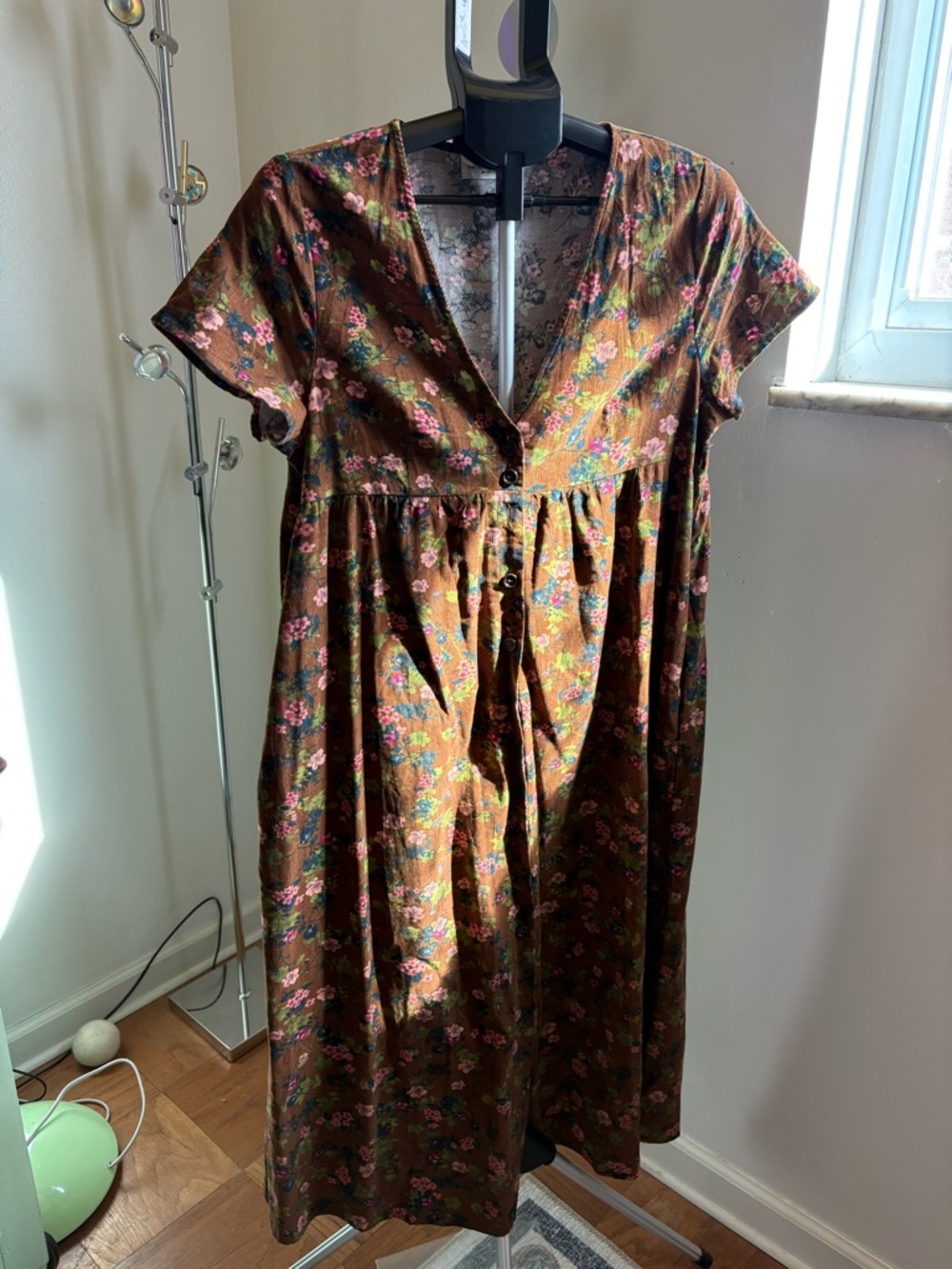 NATURAL LIFE Avery corduroy brown and green bouquets Women’s maxi Dress M medium